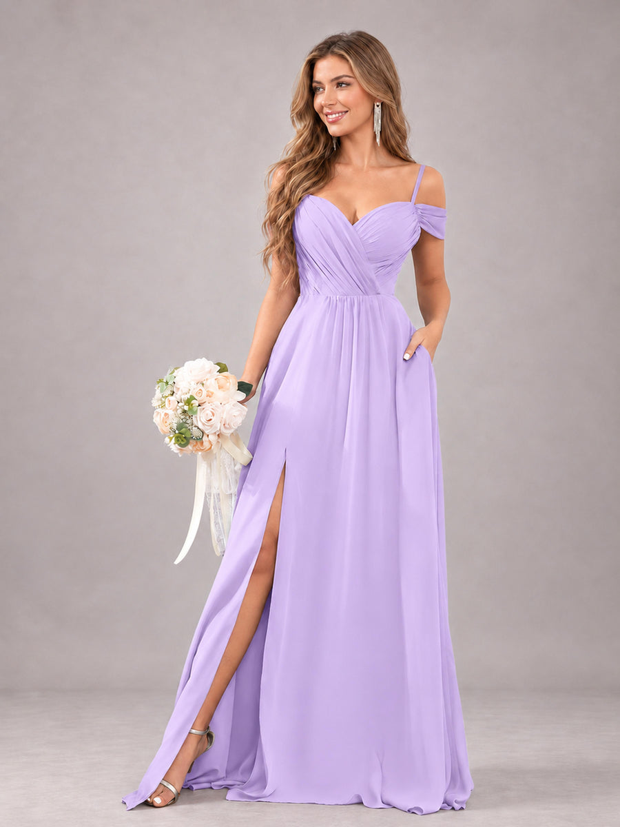 Lilac Trendy Off The Shoulder Spaghetti Straps Chiffon Bridesmaid Dress