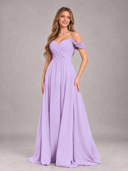Lilac Trendy Off The Shoulder Spaghetti Straps Chiffon Bridesmaid Dress