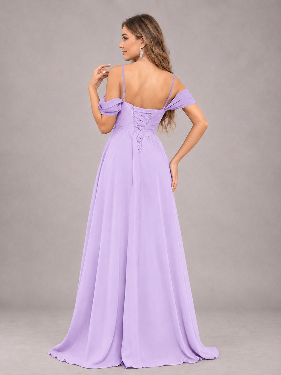 Lilac Trendy Off The Shoulder Spaghetti Straps Chiffon Bridesmaid Dress