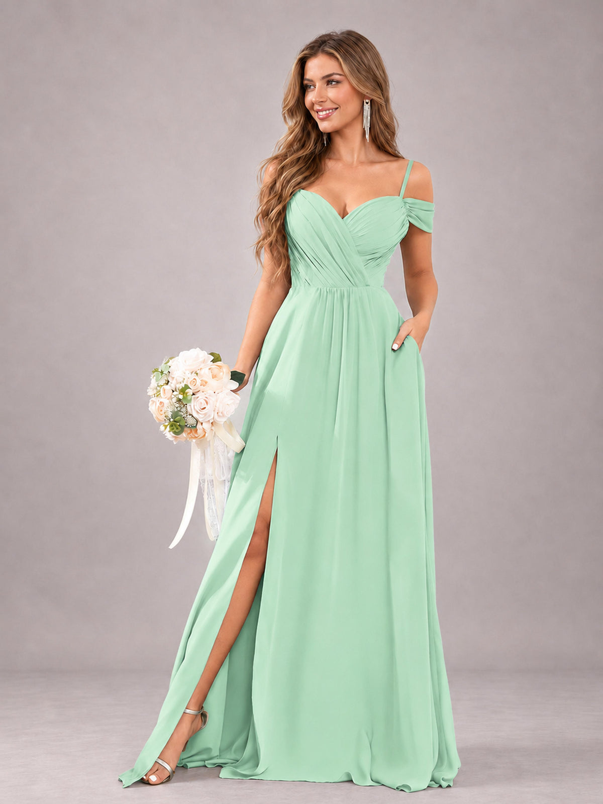 Mint Green Trendy Off The Shoulder Spaghetti Straps Chiffon Bridesmaid Dress