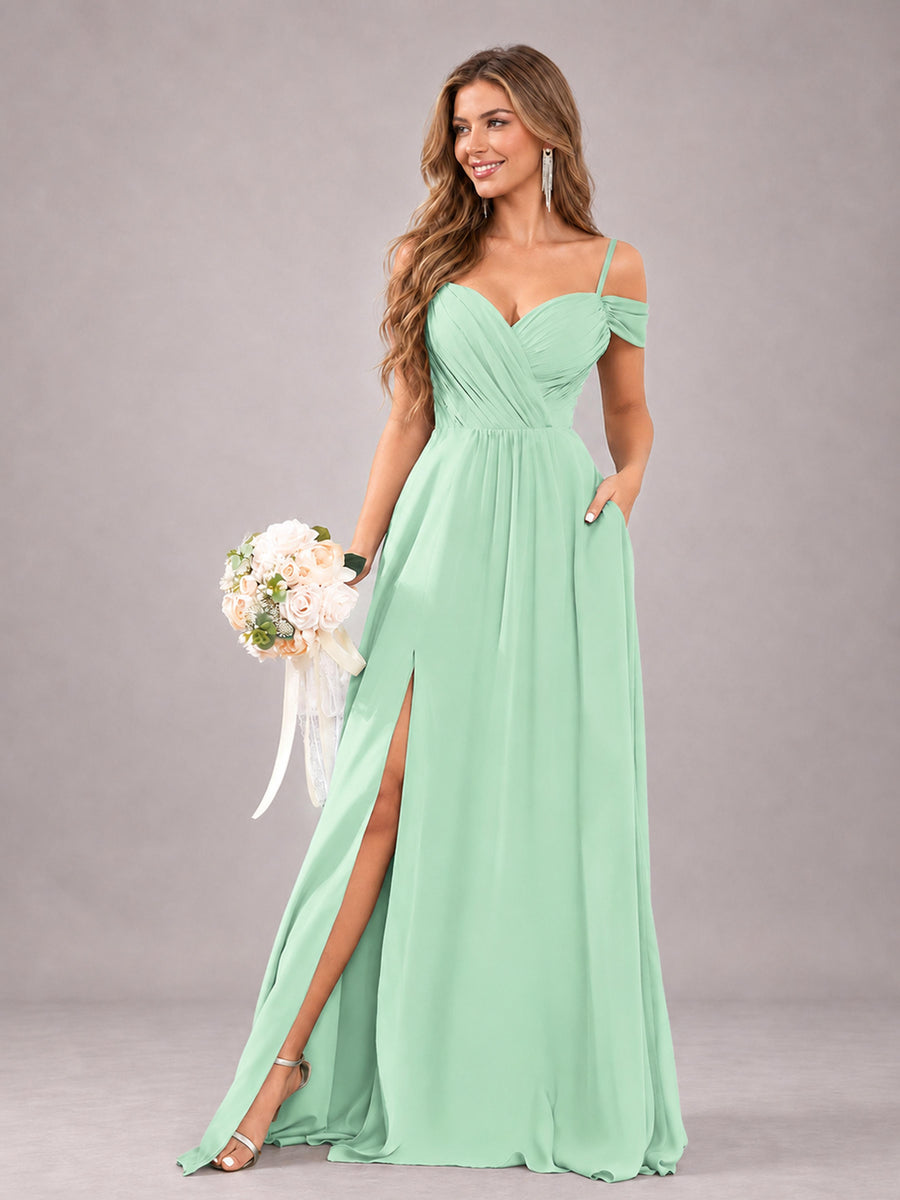 Mint Green Trendy Off The Shoulder Spaghetti Straps Chiffon Bridesmaid Dress