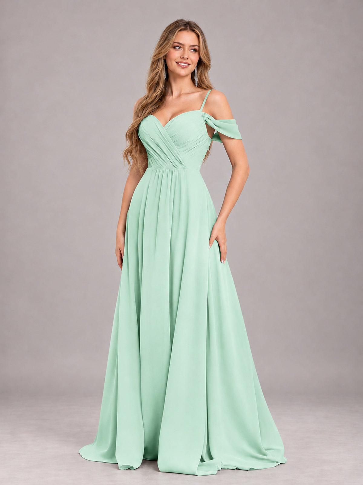 Mint Green Trendy Off The Shoulder Spaghetti Straps Chiffon Bridesmaid Dress