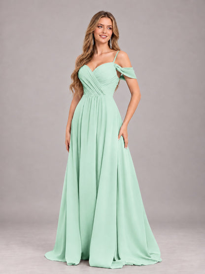 Mint Green Trendy Off The Shoulder Spaghetti Straps Chiffon Bridesmaid Dress