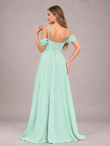 Mint Green Trendy Off The Shoulder Spaghetti Straps Chiffon Bridesmaid Dress