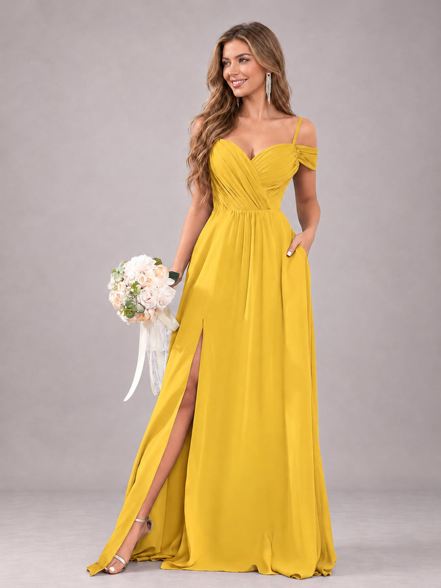 Mustard Yellow Trendy Off The Shoulder Spaghetti Straps Chiffon Bridesmaid Dress