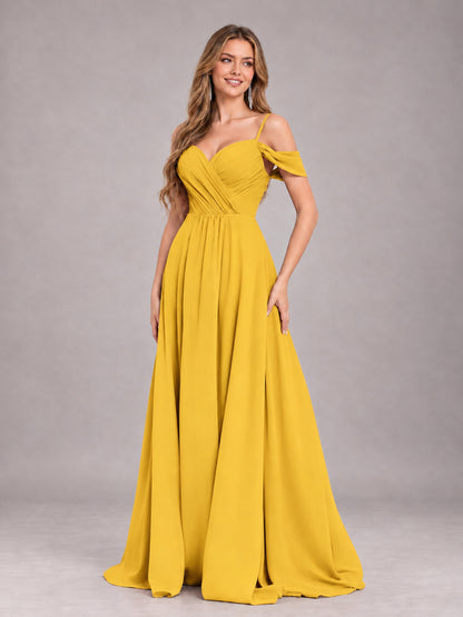 Mustard Yellow Trendy Off The Shoulder Spaghetti Straps Chiffon Bridesmaid Dress