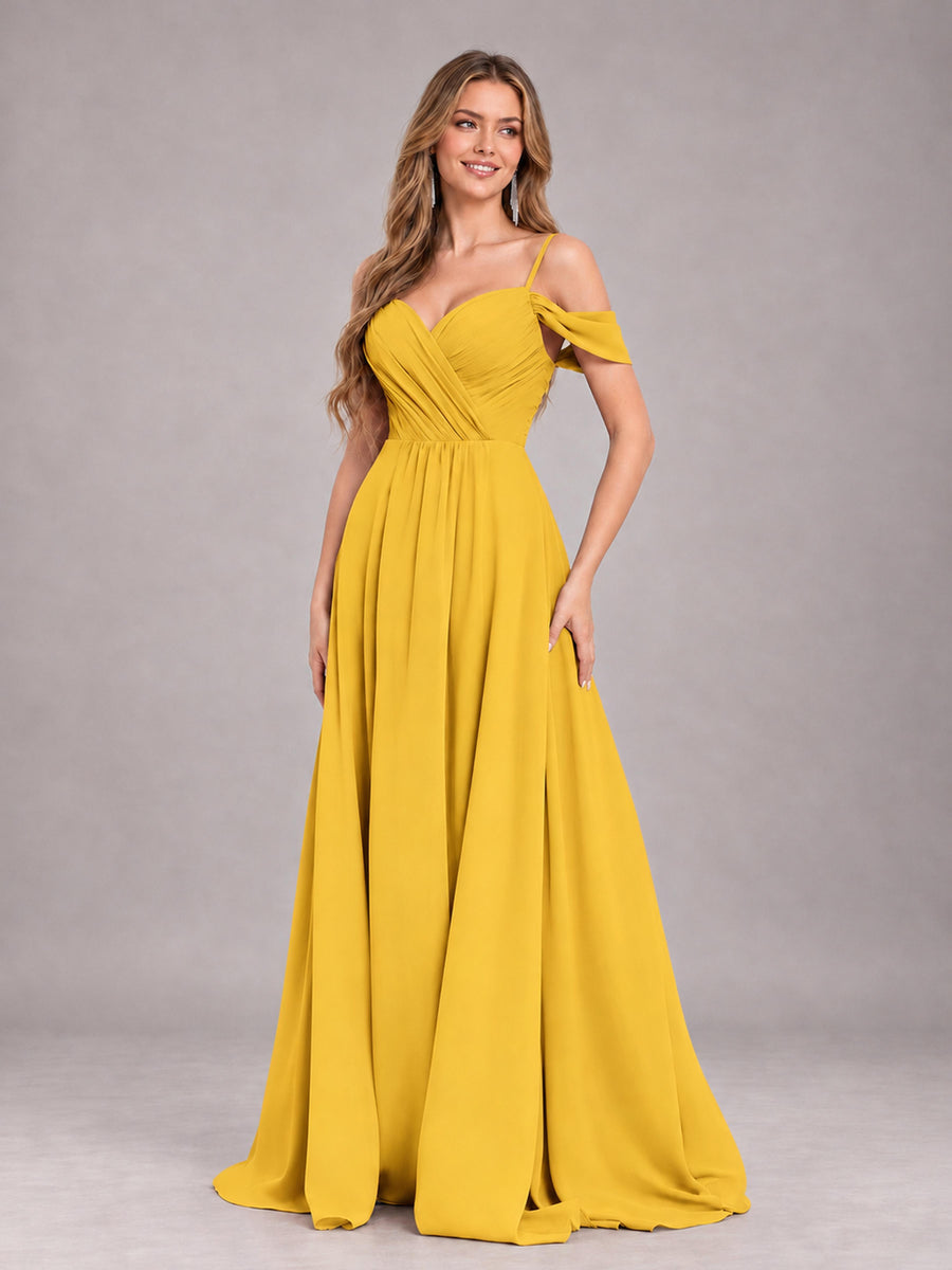 Mustard Yellow Trendy Off The Shoulder Spaghetti Straps Chiffon Bridesmaid Dress