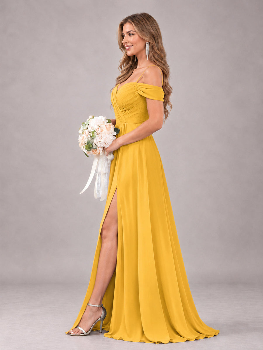 Mustard Yellow Trendy Off The Shoulder Spaghetti Straps Chiffon Bridesmaid Dress