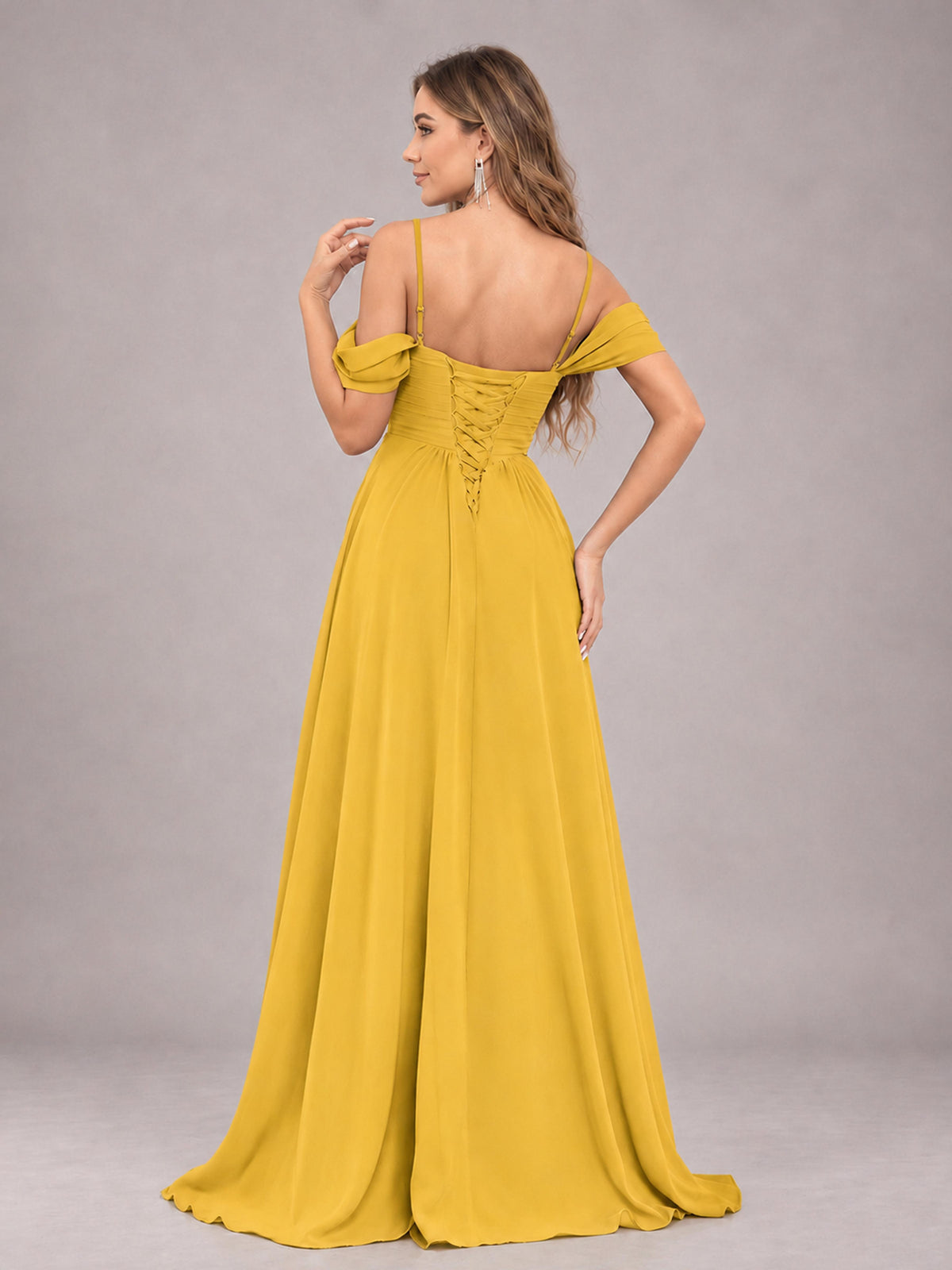 Mustard Yellow Trendy Off The Shoulder Spaghetti Straps Chiffon Bridesmaid Dress