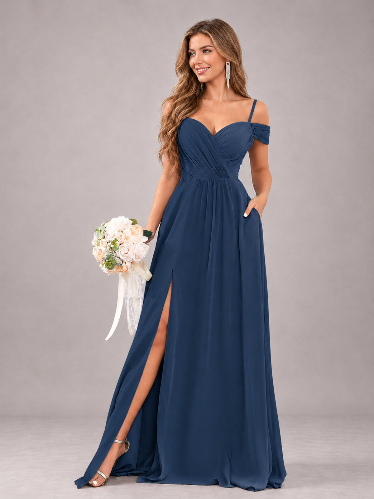 Navy Blue Trendy Off The Shoulder Spaghetti Straps Chiffon Bridesmaid Dress