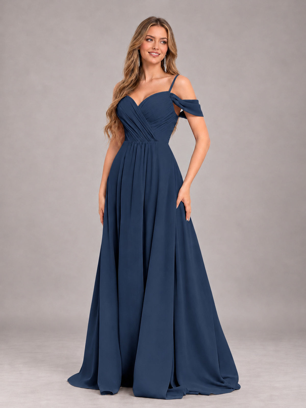 Navy Blue Trendy Off The Shoulder Spaghetti Straps Chiffon Bridesmaid Dress