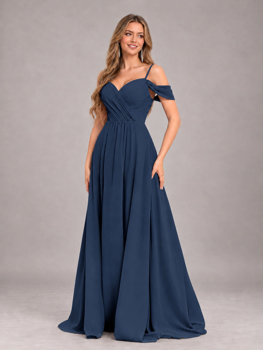 Navy Blue Trendy Off The Shoulder Spaghetti Straps Chiffon Bridesmaid Dress