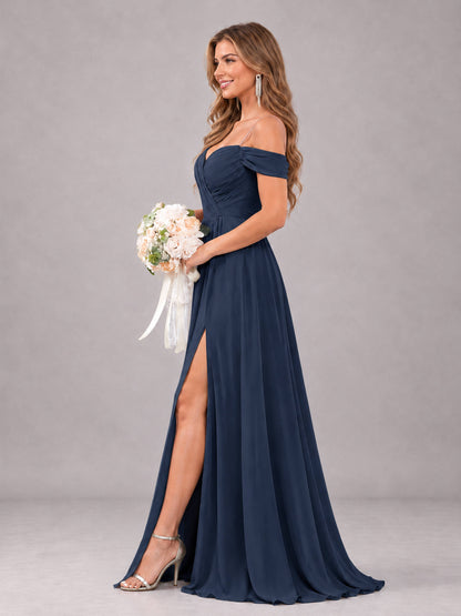 Navy Blue Trendy Off The Shoulder Spaghetti Straps Chiffon Bridesmaid Dress