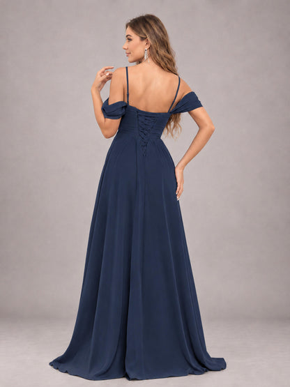 Navy Blue Trendy Off The Shoulder Spaghetti Straps Chiffon Bridesmaid Dress