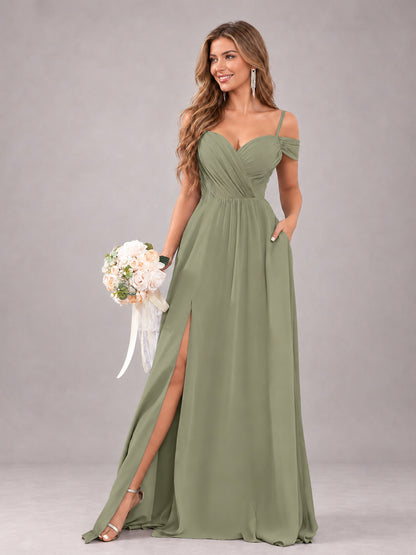 Olive Green Trendy Off The Shoulder Spaghetti Straps Chiffon Bridesmaid Dress