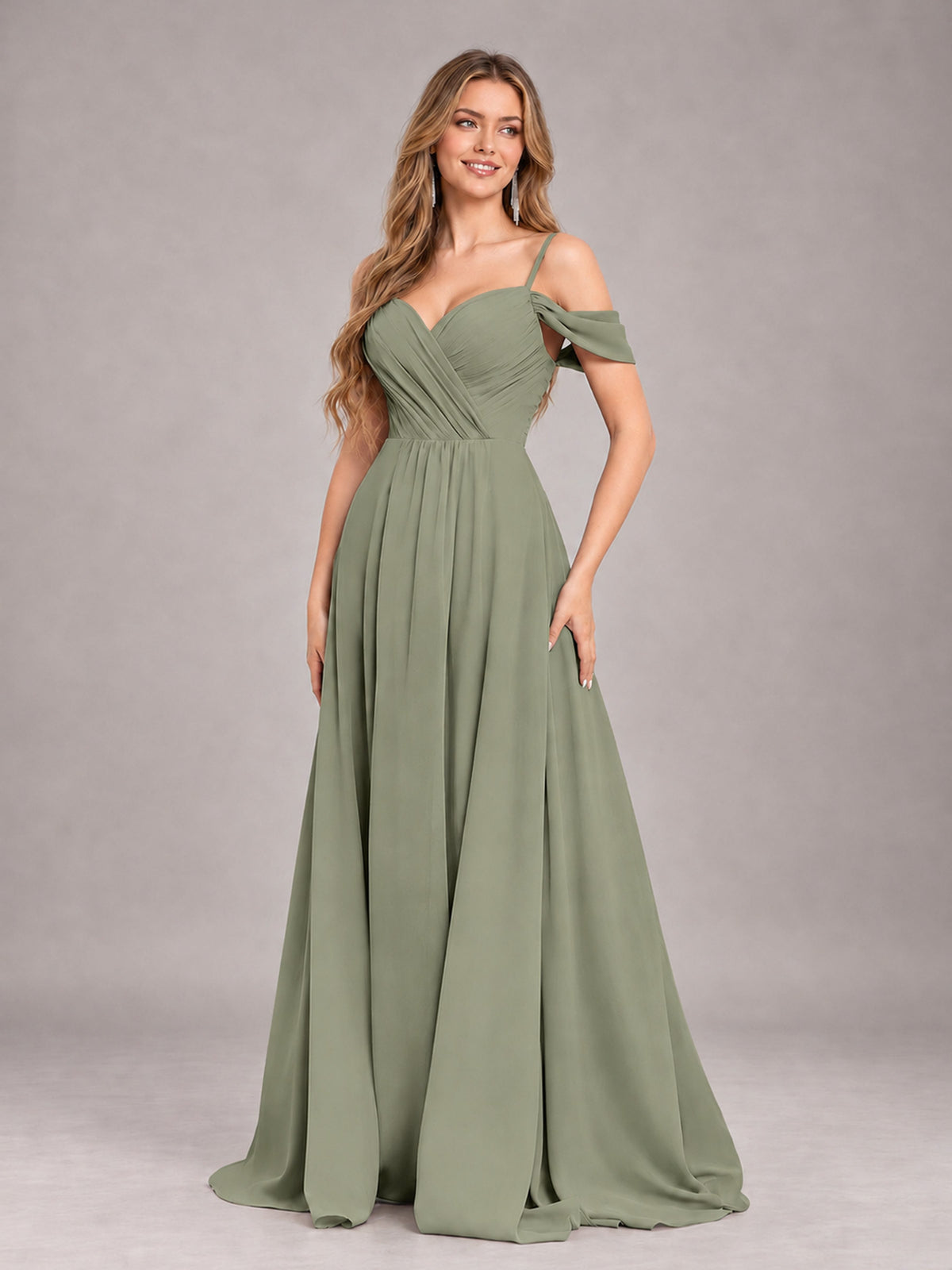 Olive Green Trendy Off The Shoulder Spaghetti Straps Chiffon Bridesmaid Dress