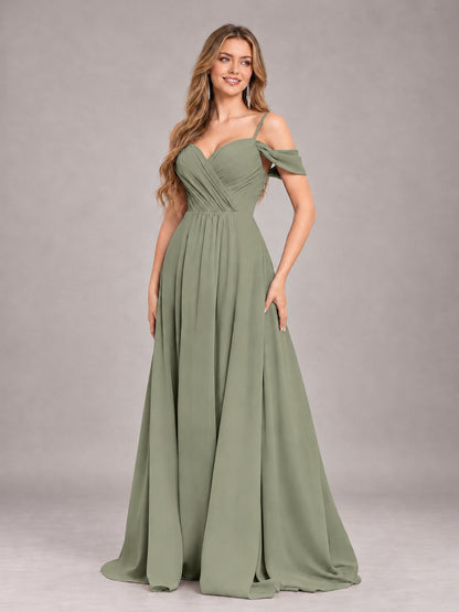 Olive Green Trendy Off The Shoulder Spaghetti Straps Chiffon Bridesmaid Dress