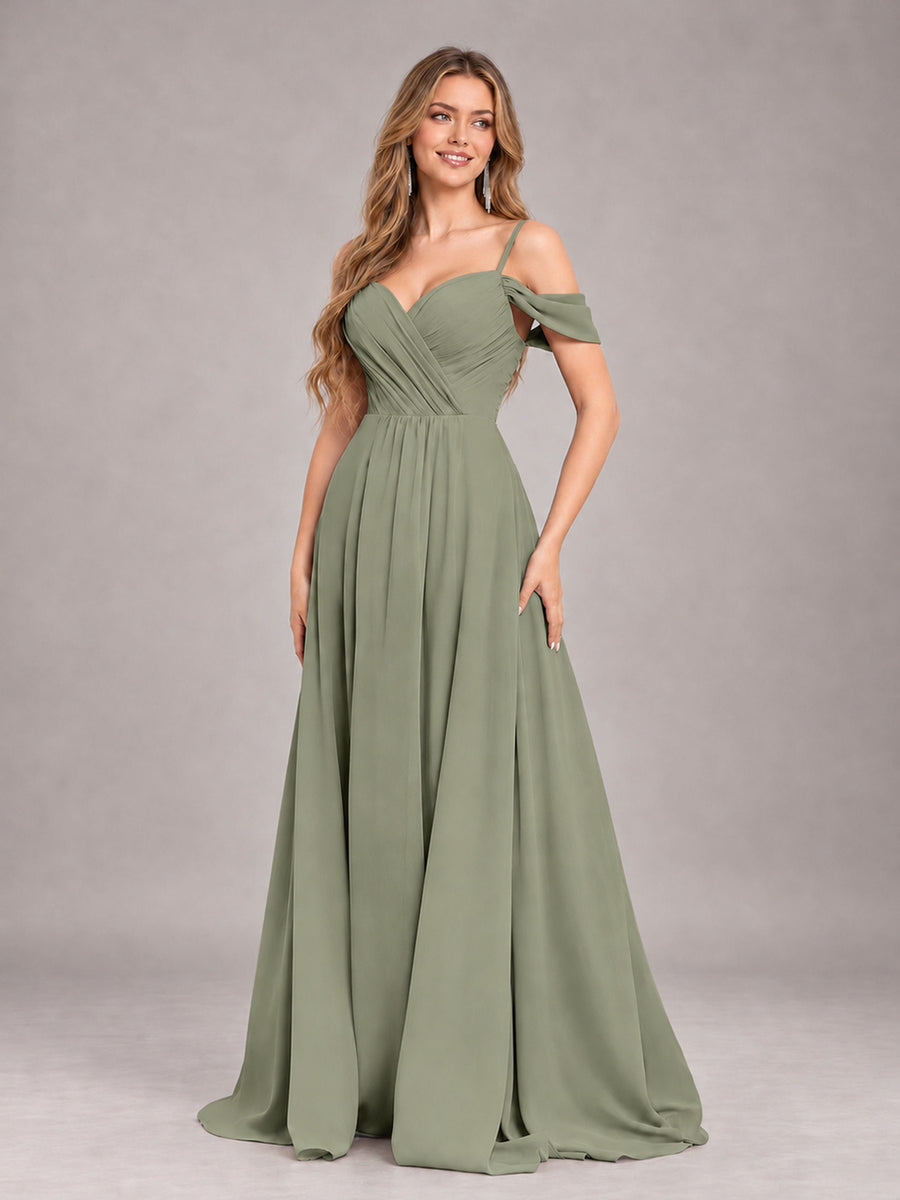 Olive Green Trendy Off The Shoulder Spaghetti Straps Chiffon Bridesmaid Dress