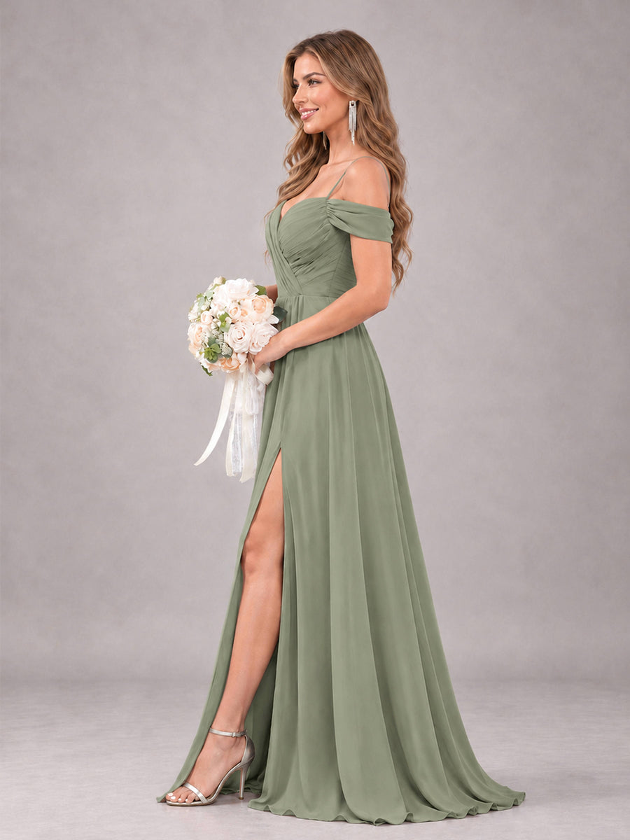 Olive Green Trendy Off The Shoulder Spaghetti Straps Chiffon Bridesmaid Dress