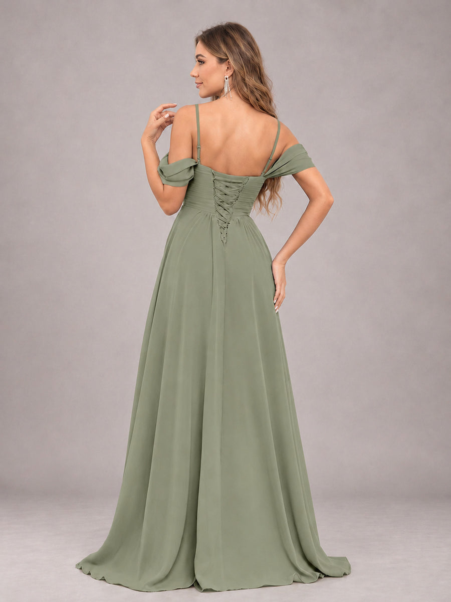 Olive Green Trendy Off The Shoulder Spaghetti Straps Chiffon Bridesmaid Dress