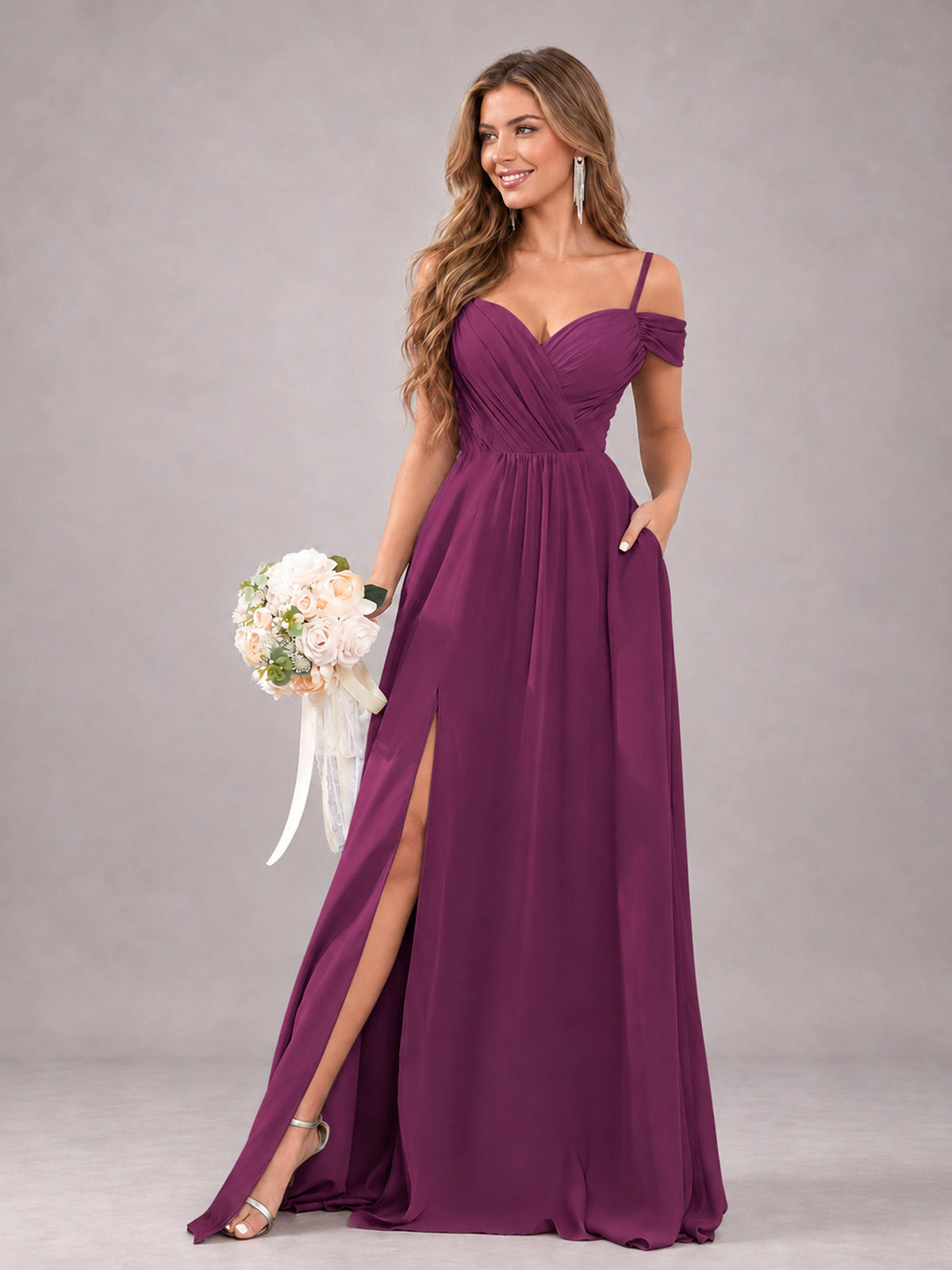 Plum Trendy Off The Shoulder Spaghetti Straps Chiffon Bridesmaid Dress