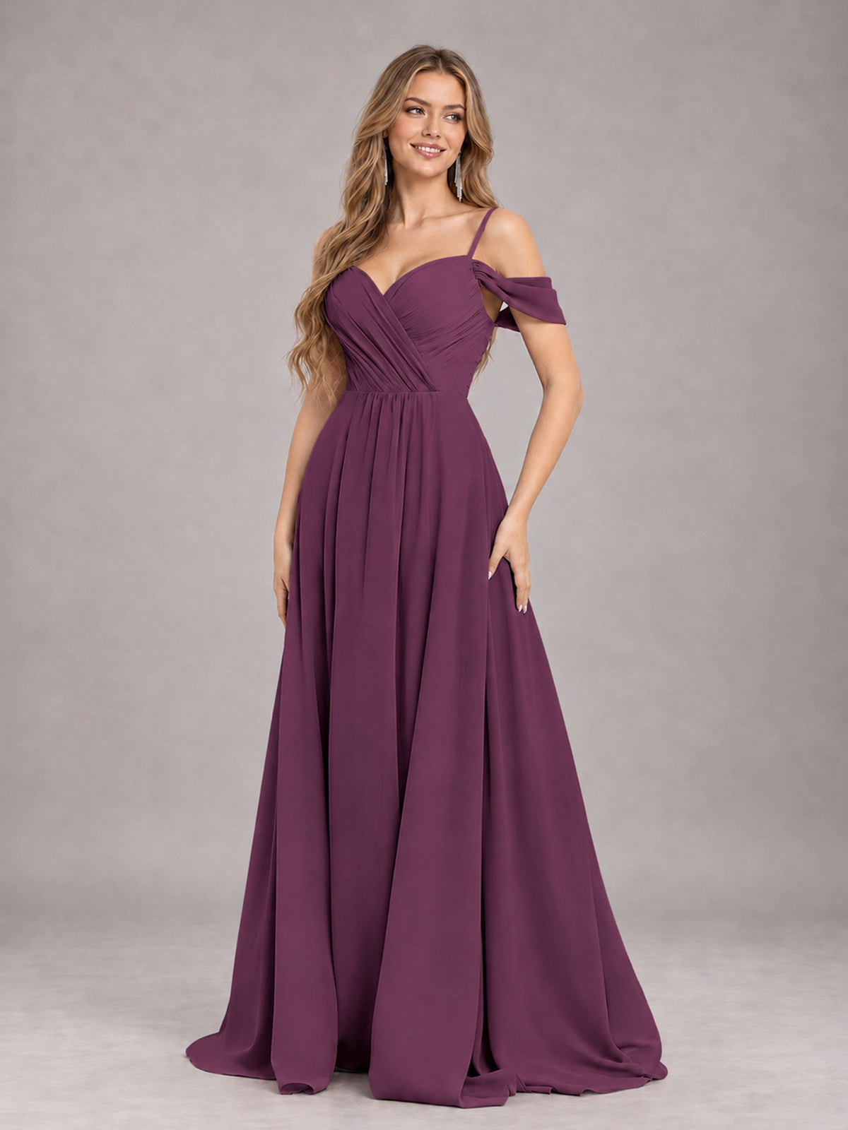 Plum Trendy Off The Shoulder Spaghetti Straps Chiffon Bridesmaid Dress