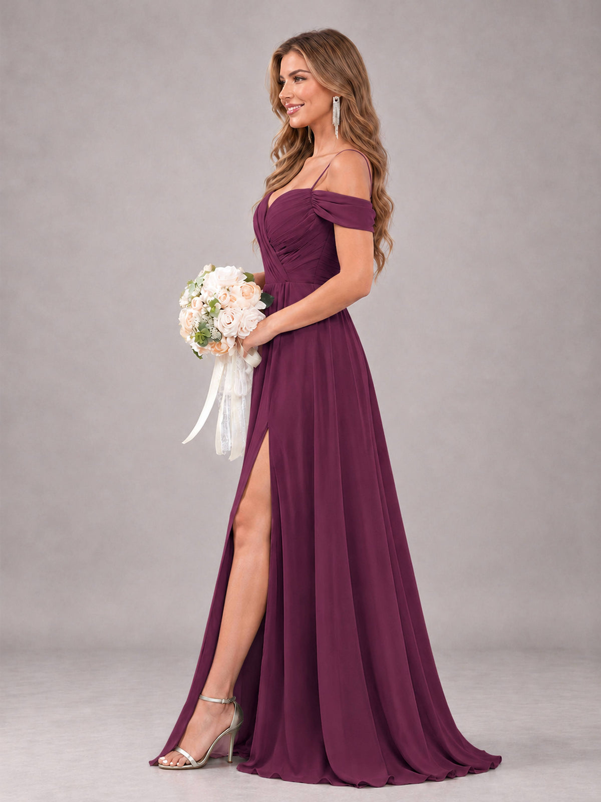 Plum Trendy Off The Shoulder Spaghetti Straps Chiffon Bridesmaid Dress