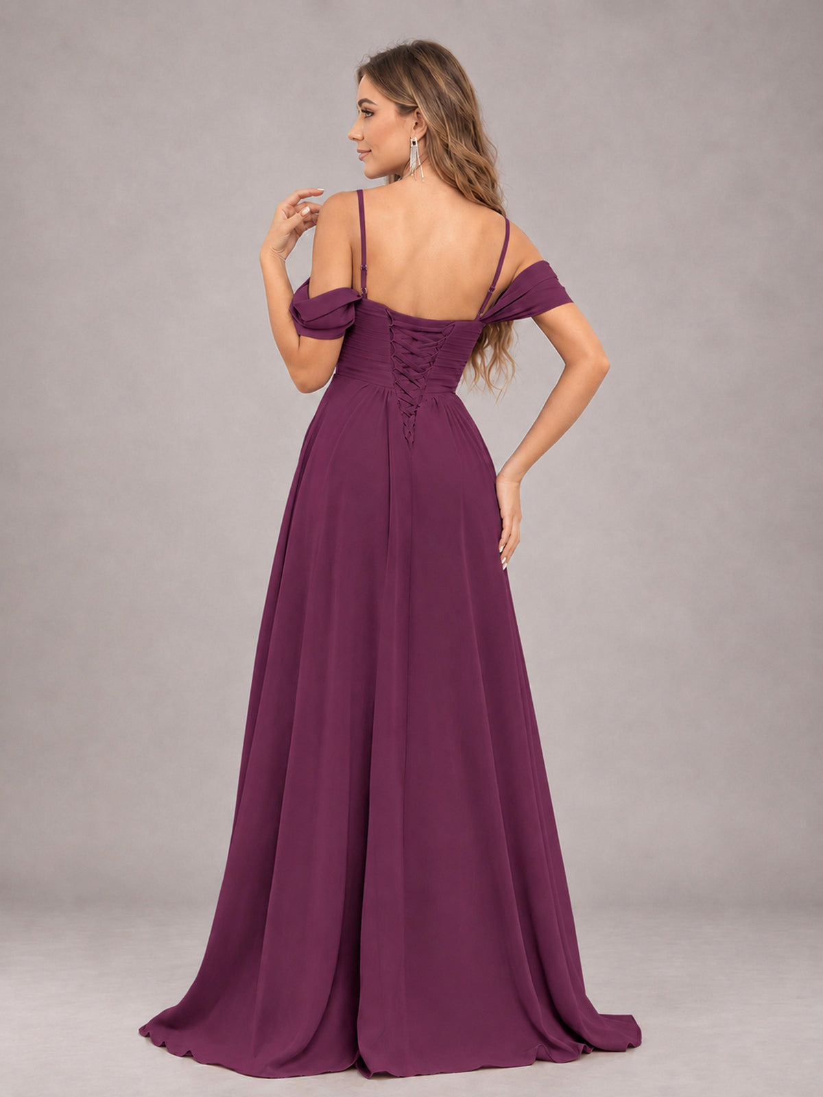Plum Trendy Off The Shoulder Spaghetti Straps Chiffon Bridesmaid Dress