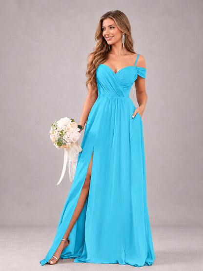Pool Trendy Off The Shoulder Spaghetti Straps Chiffon Bridesmaid Dress
