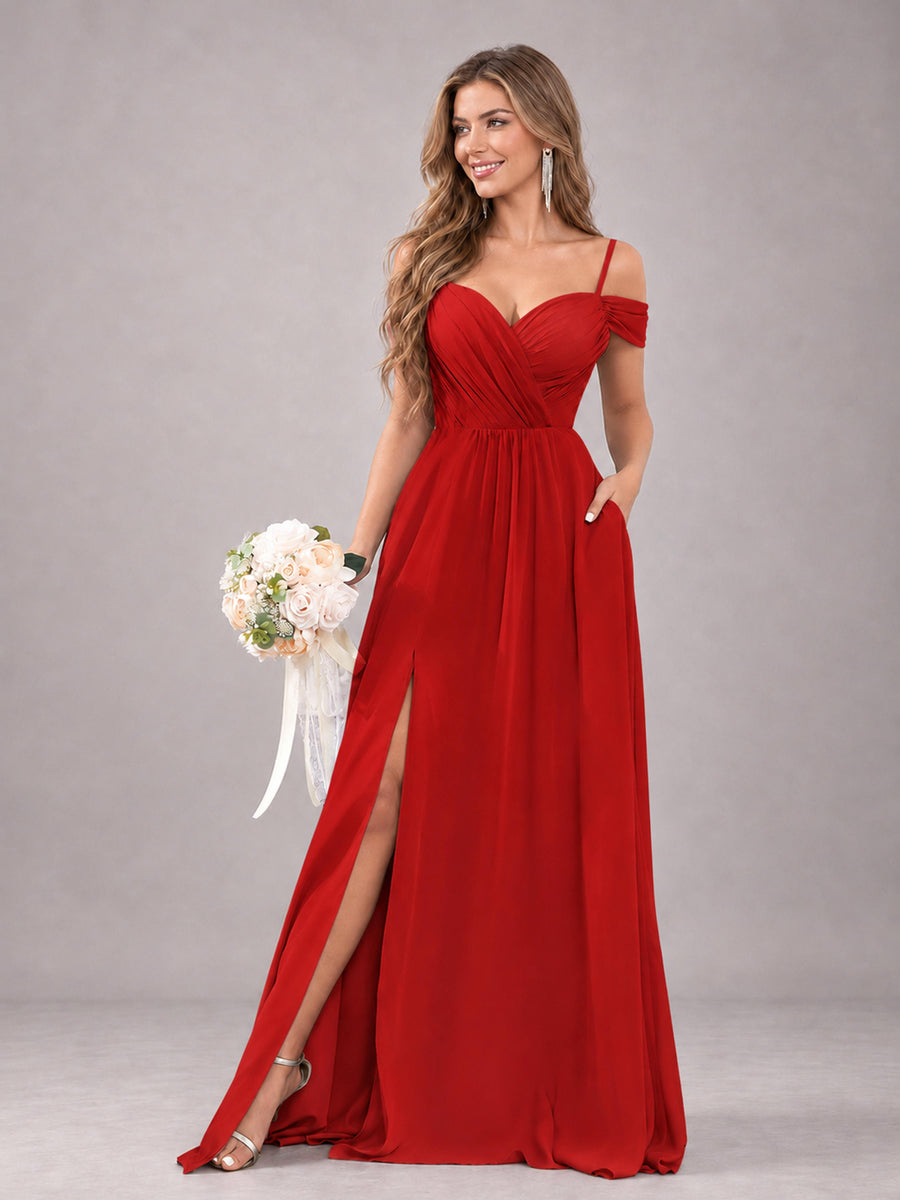 Red Trendy Off The Shoulder Spaghetti Straps Chiffon Bridesmaid Dress