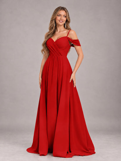 Red Trendy Off The Shoulder Spaghetti Straps Chiffon Bridesmaid Dress
