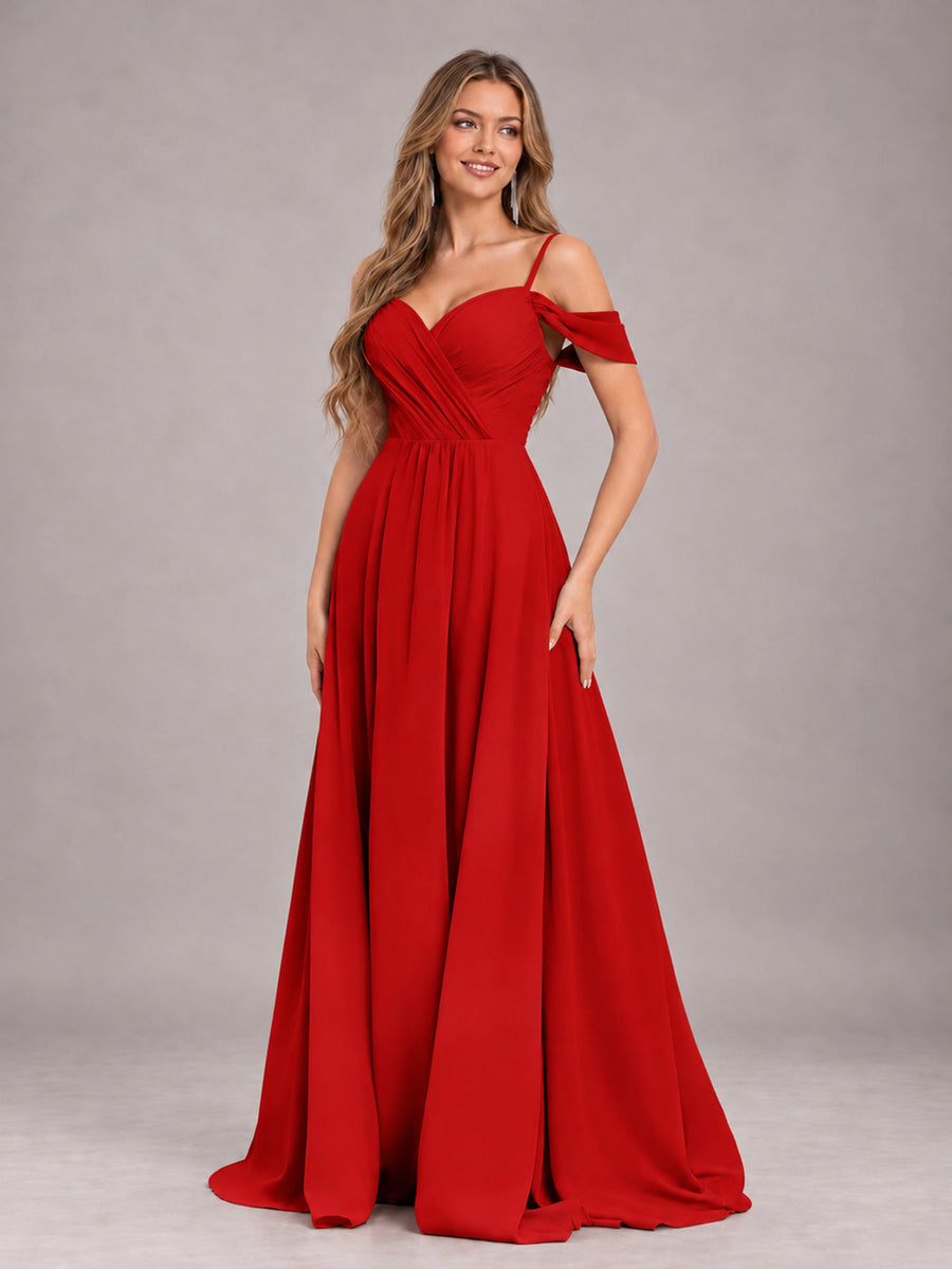 Red Trendy Off The Shoulder Spaghetti Straps Chiffon Bridesmaid Dress