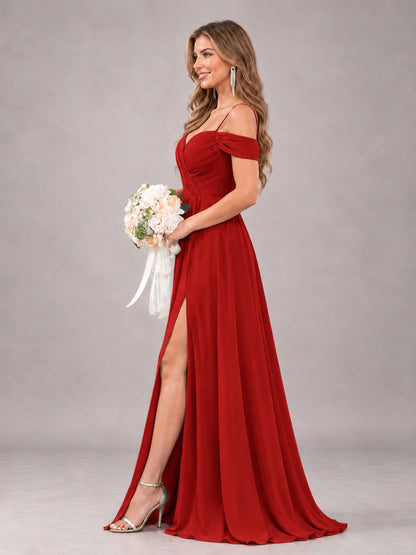 Red Trendy Off The Shoulder Spaghetti Straps Chiffon Bridesmaid Dress