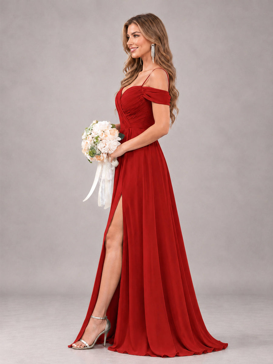Red Trendy Off The Shoulder Spaghetti Straps Chiffon Bridesmaid Dress