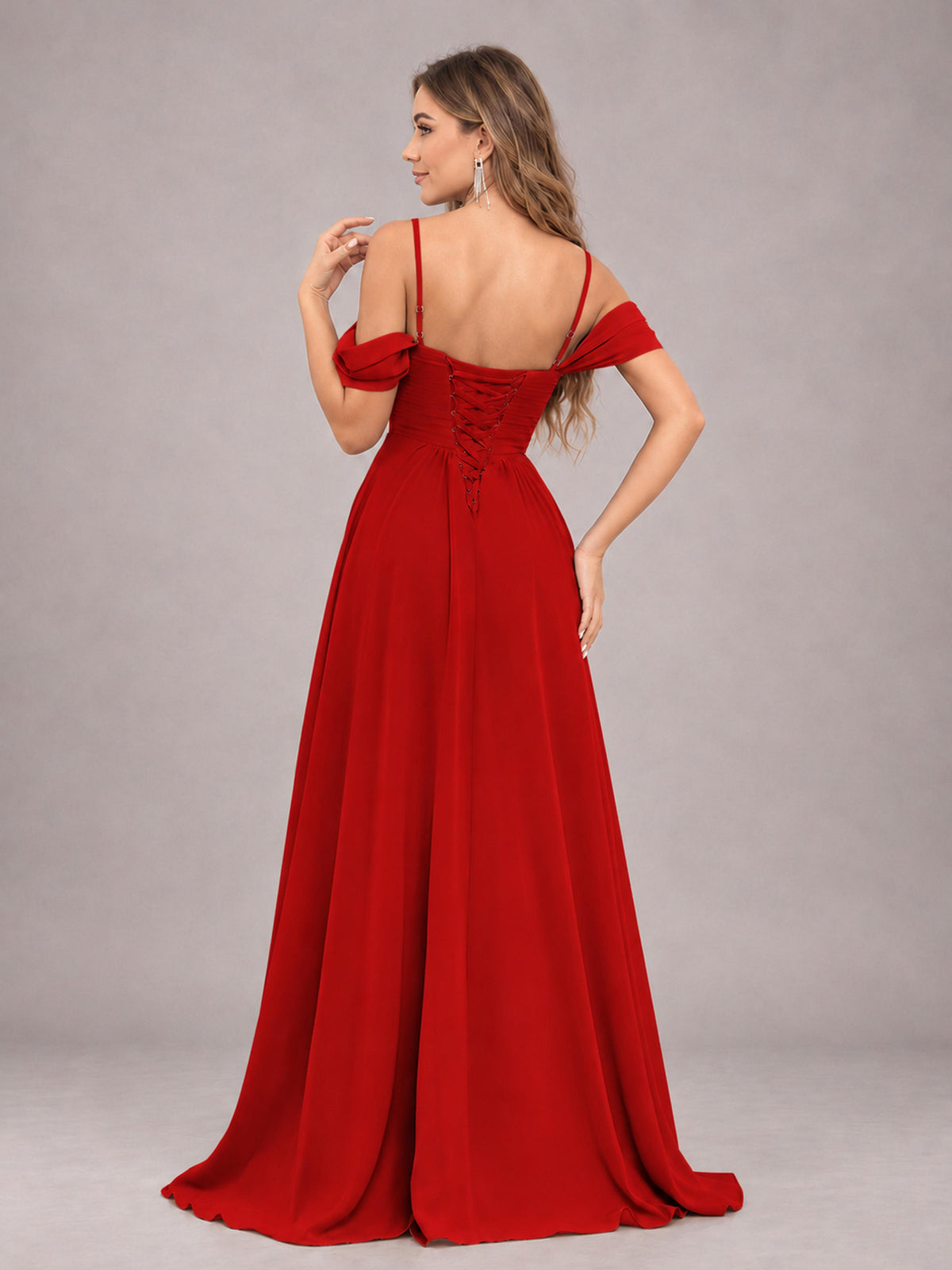 Red Trendy Off The Shoulder Spaghetti Straps Chiffon Bridesmaid Dress