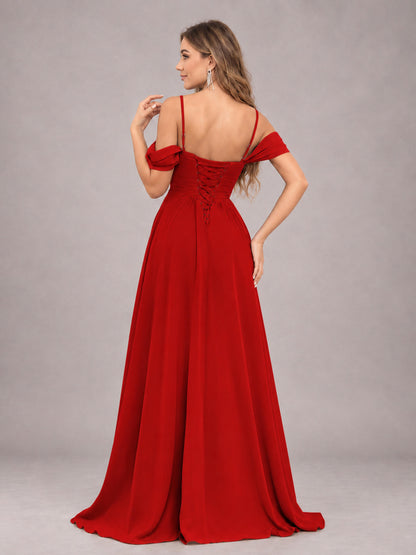 Red Trendy Off The Shoulder Spaghetti Straps Chiffon Bridesmaid Dress