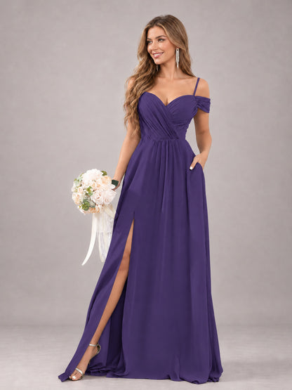 Regency Trendy Off The Shoulder Spaghetti Straps Chiffon Bridesmaid Dress