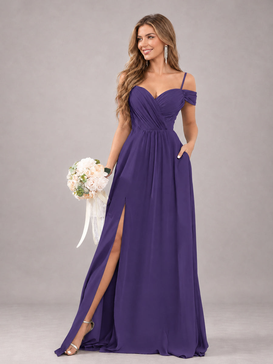 Regency Trendy Off The Shoulder Spaghetti Straps Chiffon Bridesmaid Dress