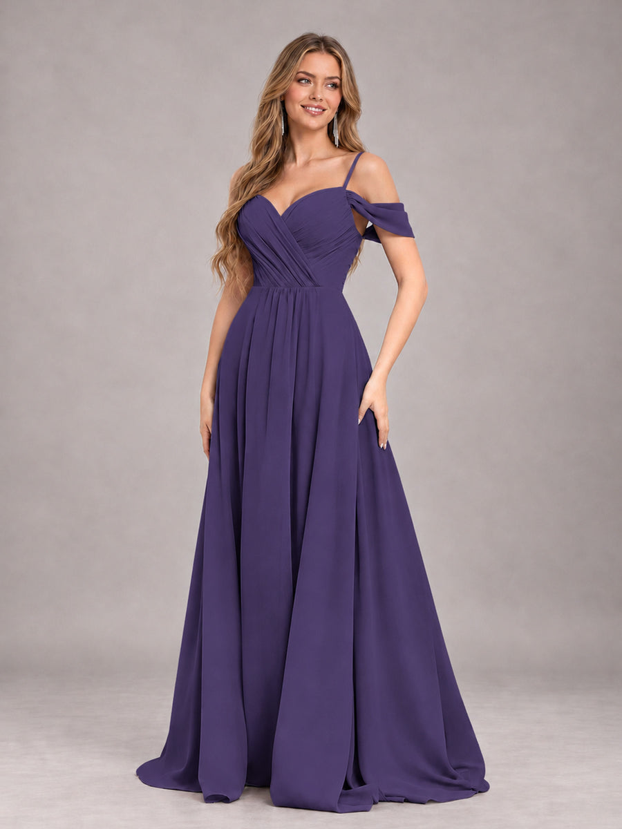 Regency Trendy Off The Shoulder Spaghetti Straps Chiffon Bridesmaid Dress