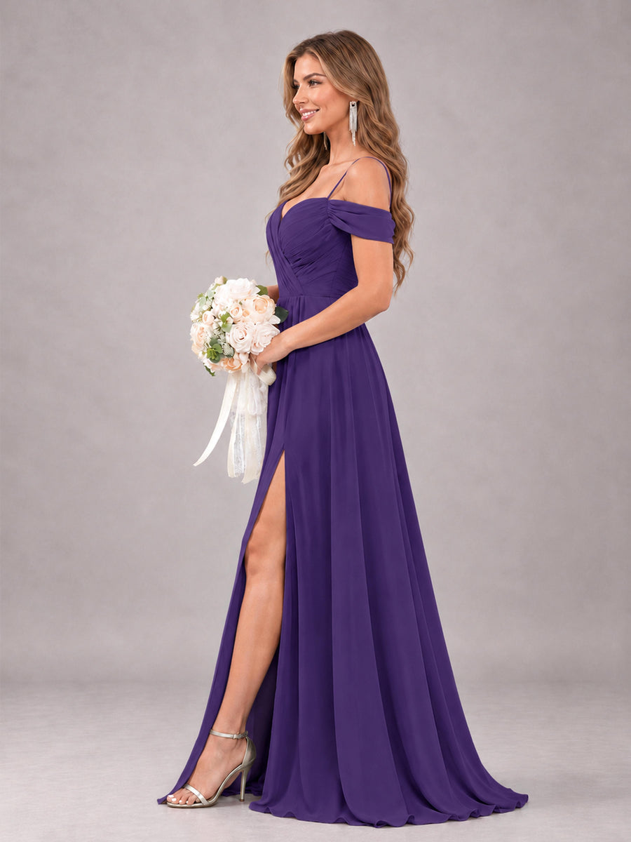 Regency Trendy Off The Shoulder Spaghetti Straps Chiffon Bridesmaid Dress