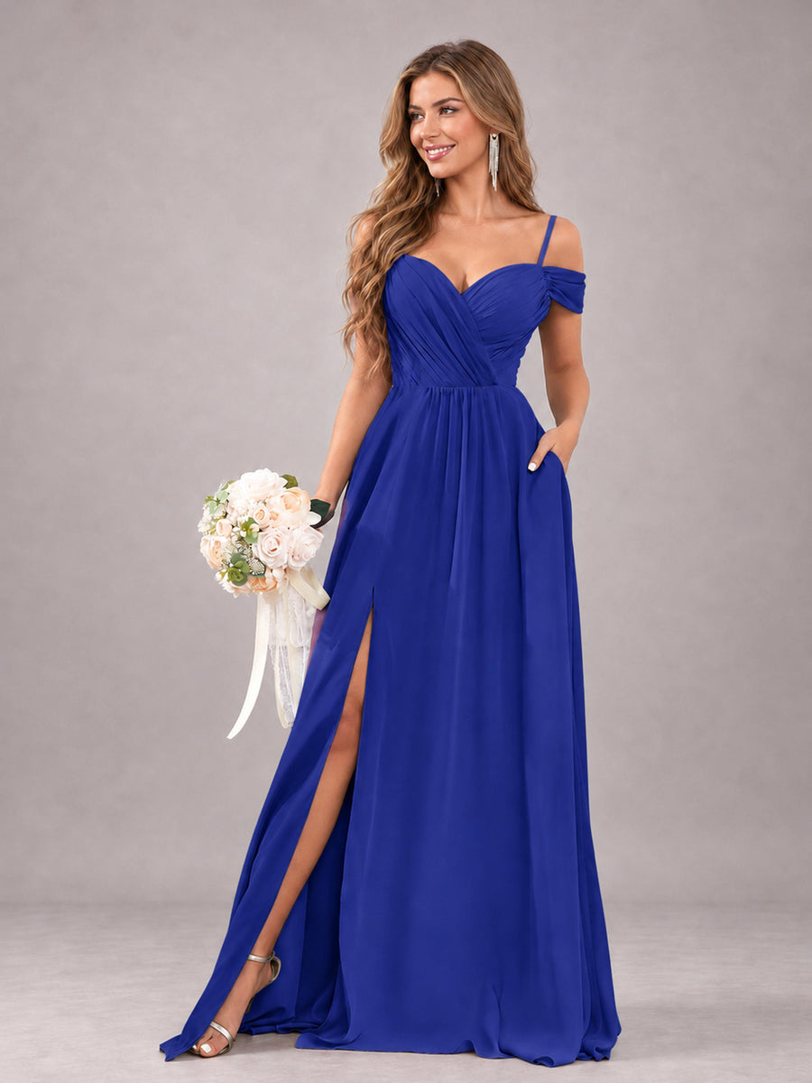 Royal Blue Trendy Off The Shoulder Spaghetti Straps Chiffon Bridesmaid Dress