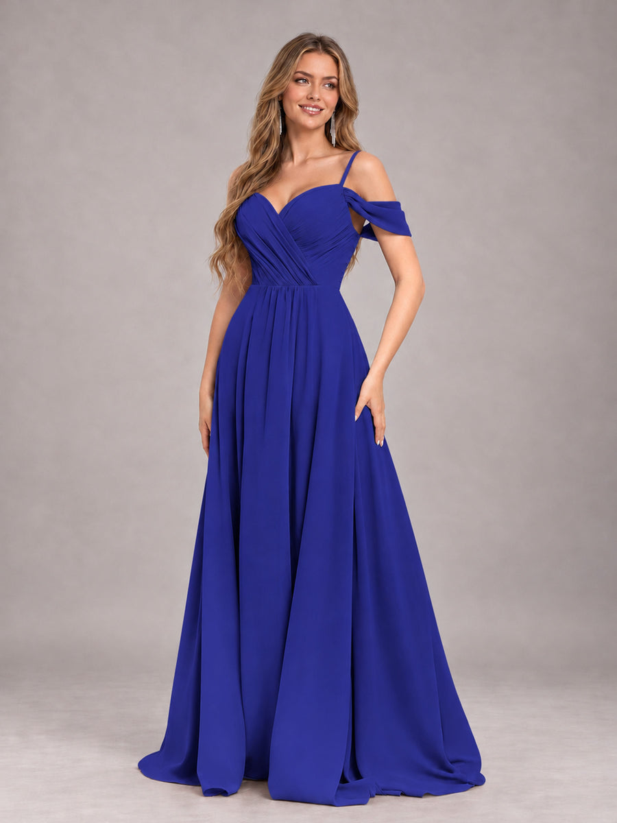 Royal Blue Trendy Off The Shoulder Spaghetti Straps Chiffon Bridesmaid Dress
