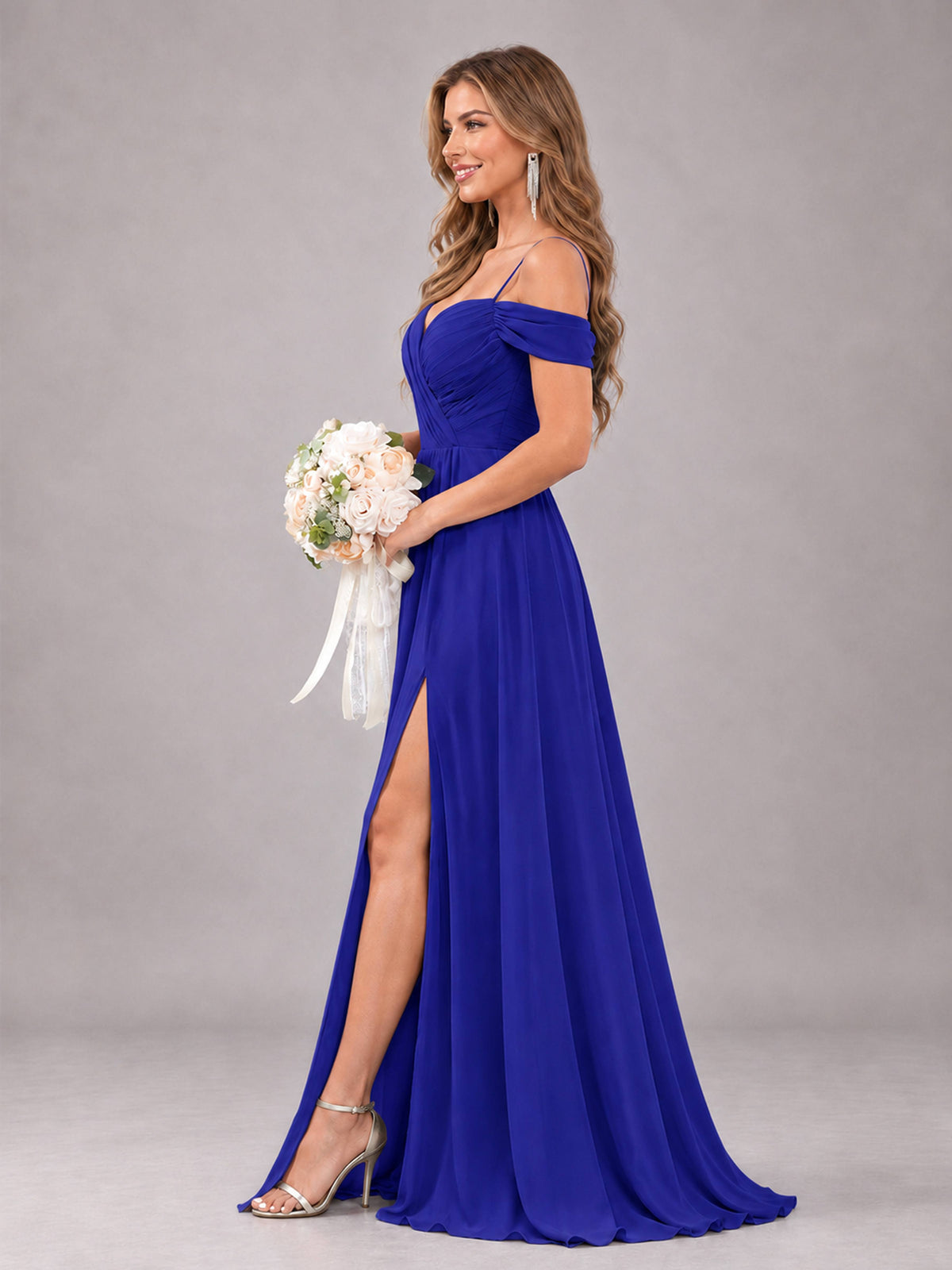 Royal Blue Trendy Off The Shoulder Spaghetti Straps Chiffon Bridesmaid Dress