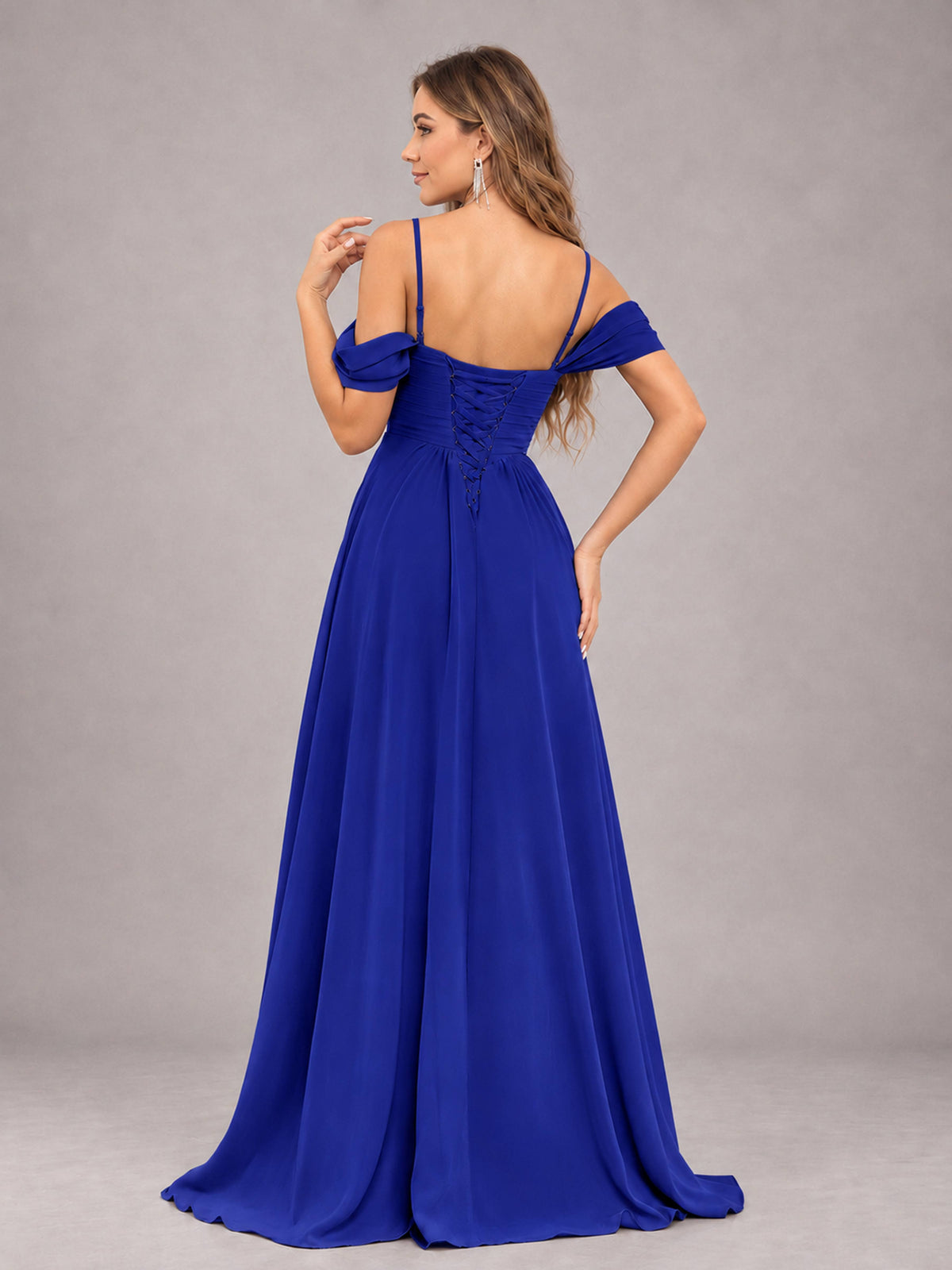 Royal Blue Trendy Off The Shoulder Spaghetti Straps Chiffon Bridesmaid Dress