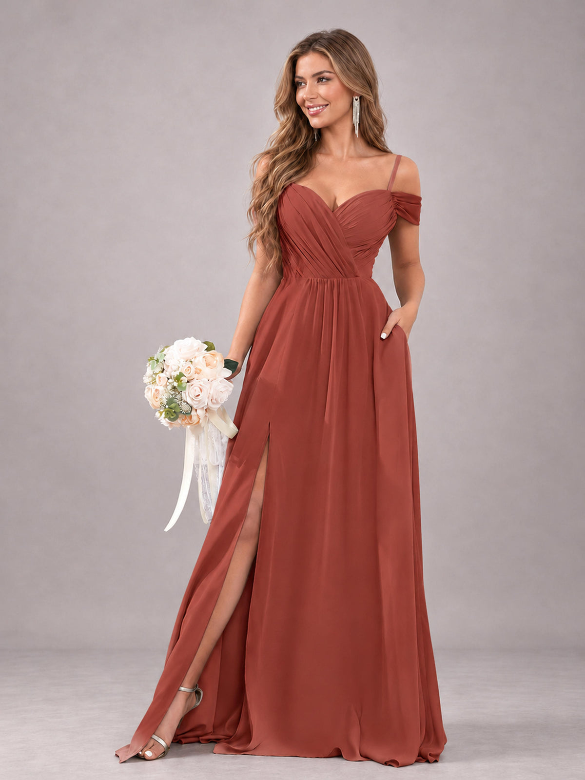 Rust Trendy Off The Shoulder Spaghetti Straps Chiffon Bridesmaid Dress