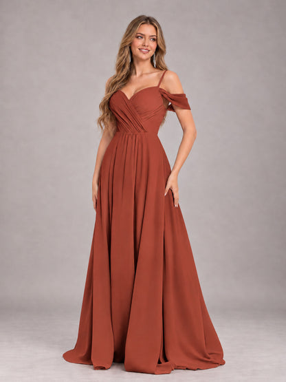 Rust Trendy Off The Shoulder Spaghetti Straps Chiffon Bridesmaid Dress