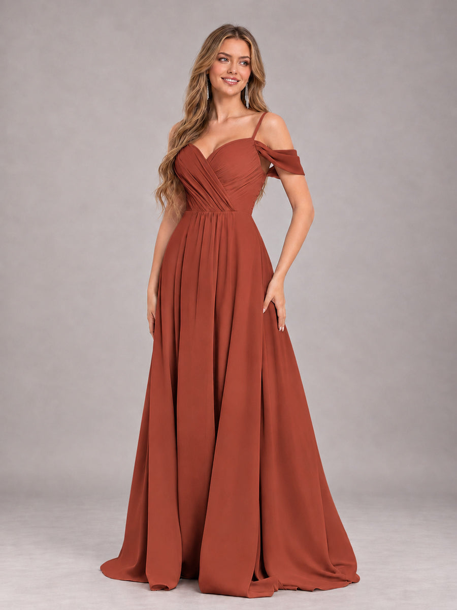 Rust Trendy Off The Shoulder Spaghetti Straps Chiffon Bridesmaid Dress