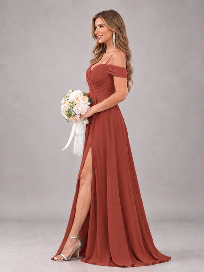 Rust Trendy Off The Shoulder Spaghetti Straps Chiffon Bridesmaid Dress