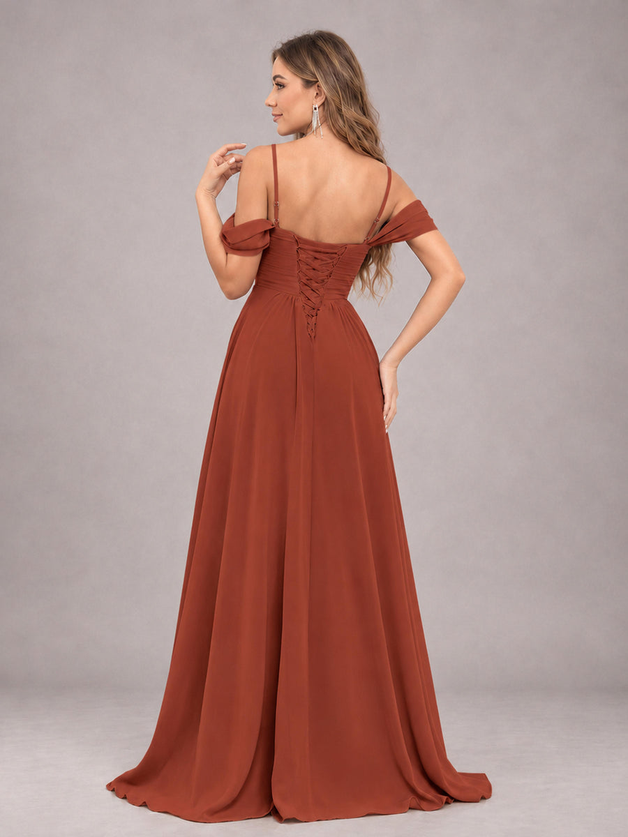 Rust Trendy Off The Shoulder Spaghetti Straps Chiffon Bridesmaid Dress