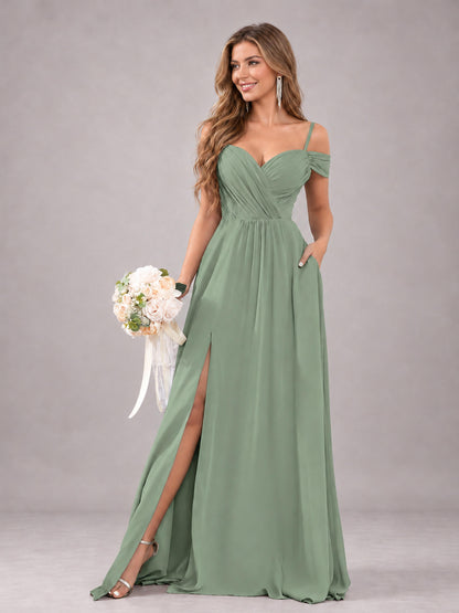 Sage Green Trendy Off The Shoulder Spaghetti Straps Chiffon Bridesmaid Dress